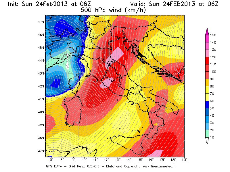 Mappa di analisi GFS - Velocità del vento a 500 hPa [km/h] in Italia
							del 24/02/2013 06 <!--googleoff: index-->UTC<!--googleon: index-->
