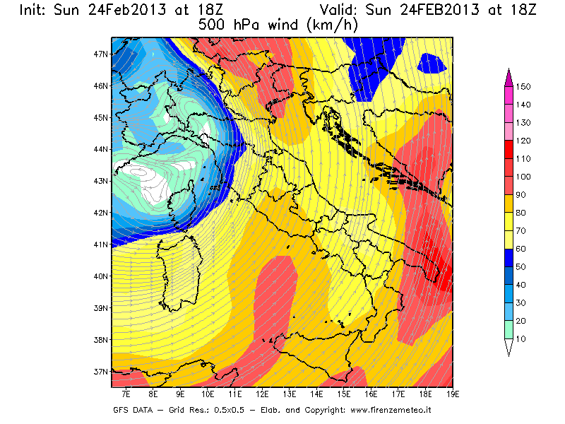 Mappa di analisi GFS - Velocità del vento a 500 hPa [km/h] in Italia
							del 24/02/2013 18 <!--googleoff: index-->UTC<!--googleon: index-->