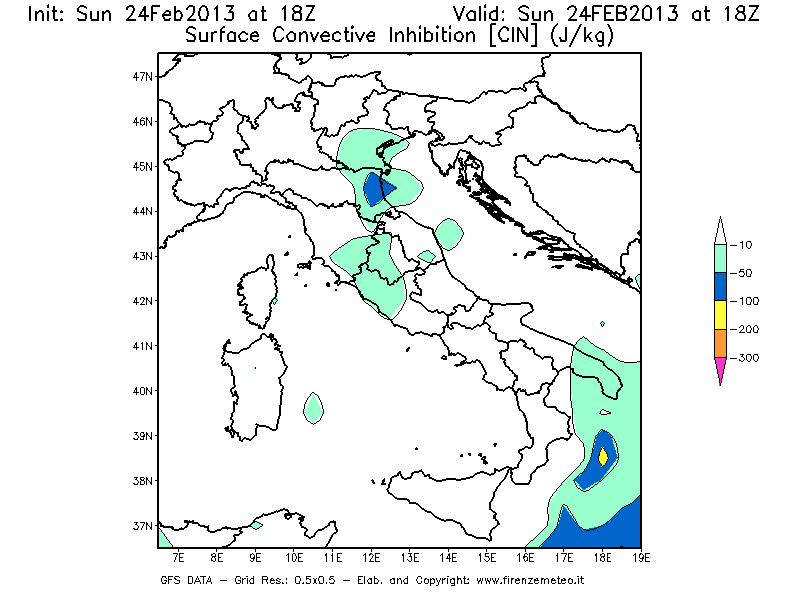 Mappa di analisi GFS - CIN [J/kg] in Italia
							del 24/02/2013 18 <!--googleoff: index-->UTC<!--googleon: index-->