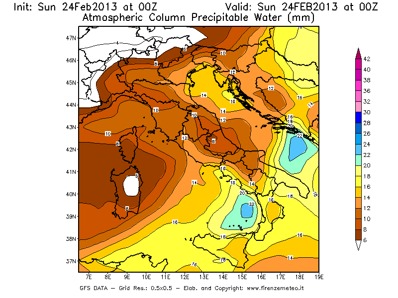 Mappa di analisi GFS - Precipitable Water [mm] in Italia
							del 24/02/2013 00 <!--googleoff: index-->UTC<!--googleon: index-->