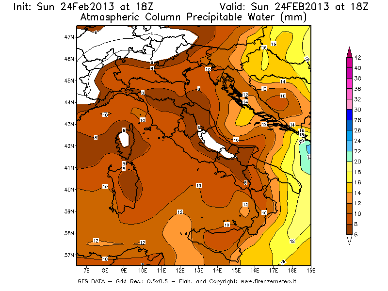 Mappa di analisi GFS - Precipitable Water [mm] in Italia
							del 24/02/2013 18 <!--googleoff: index-->UTC<!--googleon: index-->