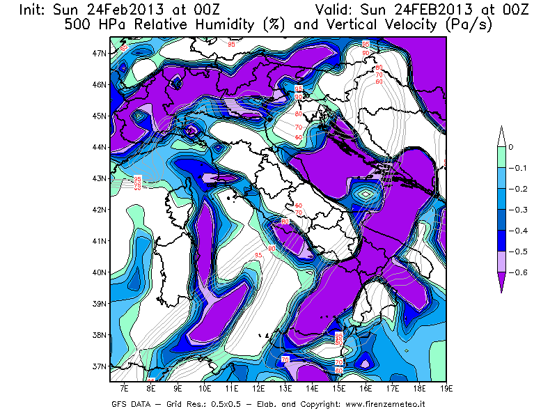 Mappa di analisi GFS - Umidità relativa [%] e Omega [Pa/s] a 500 hPa in Italia
							del 24/02/2013 00 <!--googleoff: index-->UTC<!--googleon: index-->