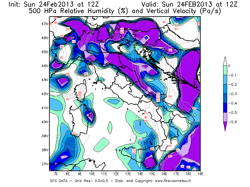 Mappa di analisi GFS - Umidità relativa [%] e Omega [Pa/s] a 500 hPa in Italia
							del 24/02/2013 12 <!--googleoff: index-->UTC<!--googleon: index-->
