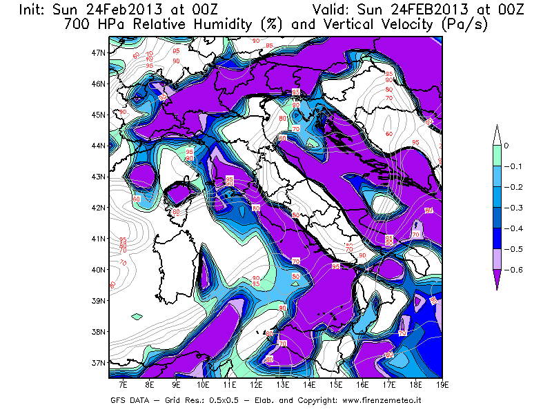 Mappa di analisi GFS - Umidità relativa [%] e Omega [Pa/s] a 700 hPa in Italia
							del 24/02/2013 00 <!--googleoff: index-->UTC<!--googleon: index-->