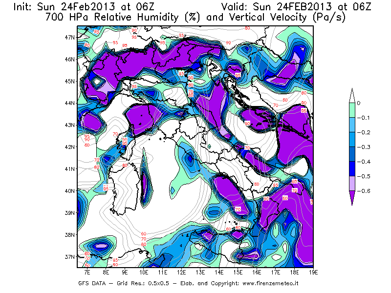 Mappa di analisi GFS - Umidità relativa [%] e Omega [Pa/s] a 700 hPa in Italia
							del 24/02/2013 06 <!--googleoff: index-->UTC<!--googleon: index-->