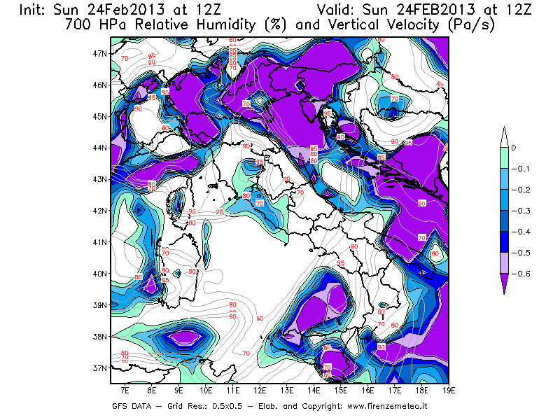 Mappa di analisi GFS - Umidità relativa [%] e Omega [Pa/s] a 700 hPa in Italia
							del 24/02/2013 12 <!--googleoff: index-->UTC<!--googleon: index-->