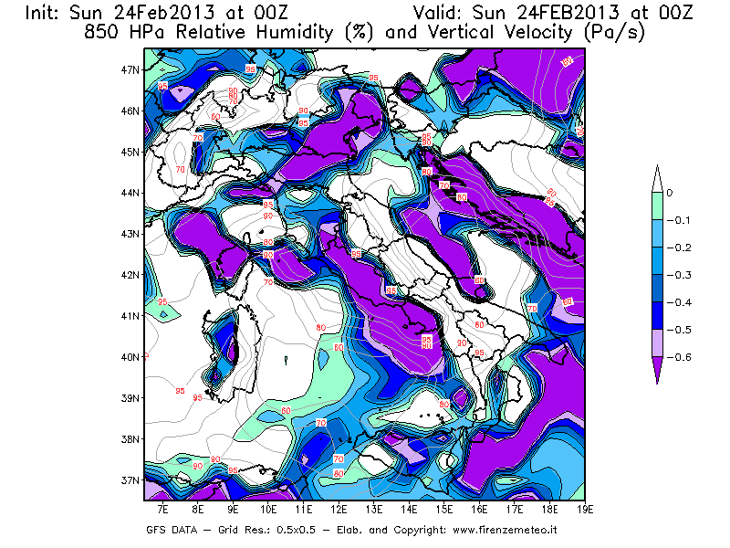 Mappa di analisi GFS - Umidità relativa [%] e Omega [Pa/s] a 850 hPa in Italia
							del 24/02/2013 00 <!--googleoff: index-->UTC<!--googleon: index-->