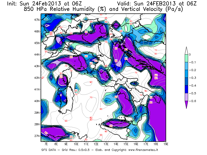 Mappa di analisi GFS - Umidità relativa [%] e Omega [Pa/s] a 850 hPa in Italia
							del 24/02/2013 06 <!--googleoff: index-->UTC<!--googleon: index-->