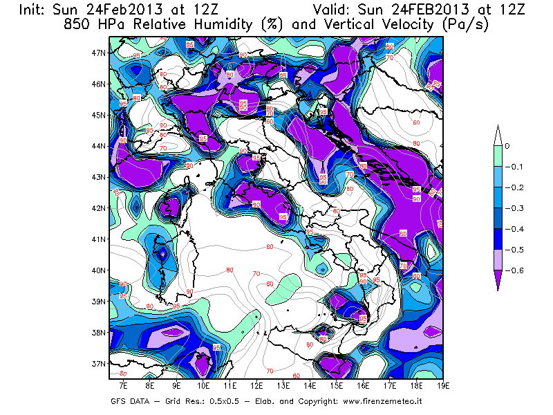Mappa di analisi GFS - Umidità relativa [%] e Omega [Pa/s] a 850 hPa in Italia
							del 24/02/2013 12 <!--googleoff: index-->UTC<!--googleon: index-->