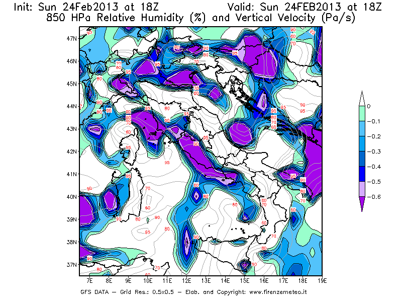 Mappa di analisi GFS - Umidità relativa [%] e Omega [Pa/s] a 850 hPa in Italia
							del 24/02/2013 18 <!--googleoff: index-->UTC<!--googleon: index-->