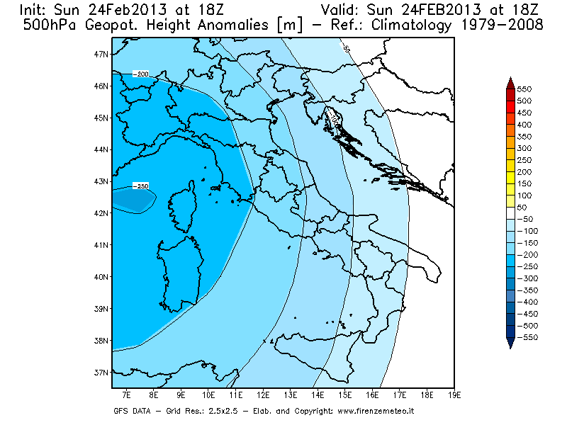 Mappa di analisi GFS - Anomalia di Geopotenziale a 500 hPa in Italia
							del 24/02/2013 18 <!--googleoff: index-->UTC<!--googleon: index-->