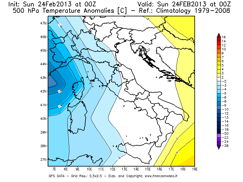 Mappa di analisi GFS - Anomalia Temperatura [°C] a 500 hPa in Italia
							del 24/02/2013 00 <!--googleoff: index-->UTC<!--googleon: index-->