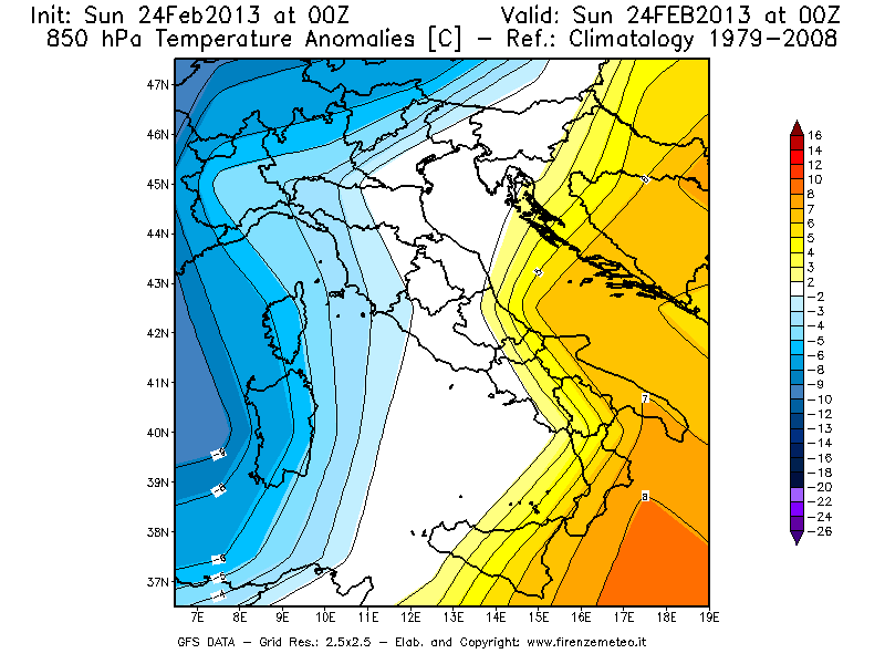 Mappa di analisi GFS - Anomalia Temperatura [°C] a 850 hPa in Italia
							del 24/02/2013 00 <!--googleoff: index-->UTC<!--googleon: index-->