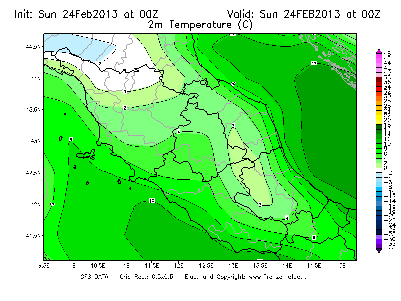 Mappa di analisi GFS - Temperatura a 2 metri dal suolo [°C] in Centro-Italia
							del 24/02/2013 00 <!--googleoff: index-->UTC<!--googleon: index-->