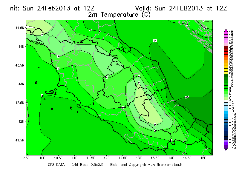 Mappa di analisi GFS - Temperatura a 2 metri dal suolo [°C] in Centro-Italia
							del 24/02/2013 12 <!--googleoff: index-->UTC<!--googleon: index-->