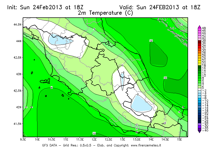 Mappa di analisi GFS - Temperatura a 2 metri dal suolo [°C] in Centro-Italia
							del 24/02/2013 18 <!--googleoff: index-->UTC<!--googleon: index-->