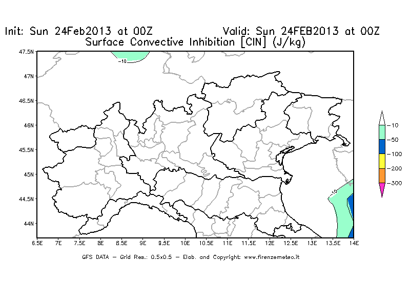 Mappa di analisi GFS - CIN [J/kg] in Nord-Italia
							del 24/02/2013 00 <!--googleoff: index-->UTC<!--googleon: index-->
