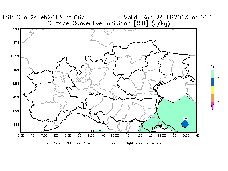 Mappa di analisi GFS - CIN [J/kg] in Nord-Italia
							del 24/02/2013 06 <!--googleoff: index-->UTC<!--googleon: index-->