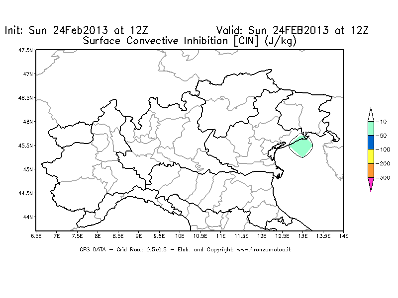 Mappa di analisi GFS - CIN [J/kg] in Nord-Italia
							del 24/02/2013 12 <!--googleoff: index-->UTC<!--googleon: index-->