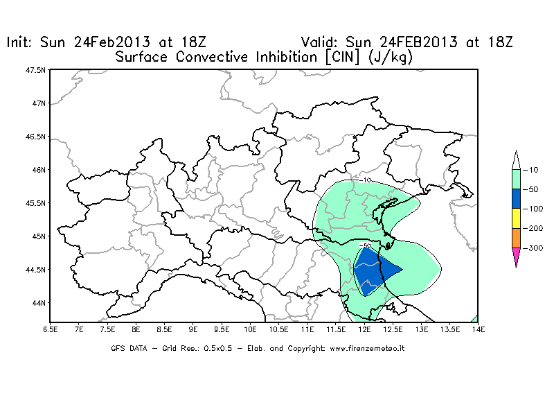 Mappa di analisi GFS - CIN [J/kg] in Nord-Italia
							del 24/02/2013 18 <!--googleoff: index-->UTC<!--googleon: index-->