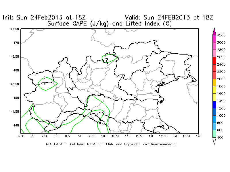 Mappa di analisi GFS - CAPE [J/kg] e Lifted Index [°C] in Nord-Italia
							del 24/02/2013 18 <!--googleoff: index-->UTC<!--googleon: index-->