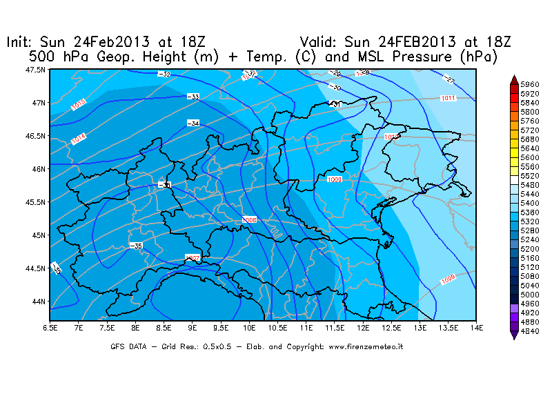 Mappa di analisi GFS - Geopotenziale [m] + Temp. [°C] a 500 hPa + Press. a livello del mare [hPa] in Nord-Italia
							del 24/02/2013 18 <!--googleoff: index-->UTC<!--googleon: index-->