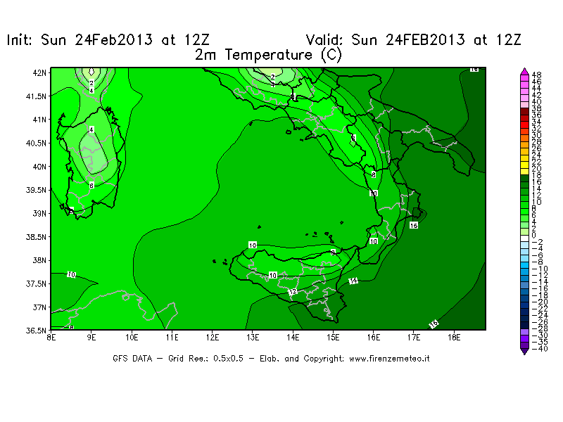 Mappa di analisi GFS - Temperatura a 2 metri dal suolo [°C] in Sud-Italia
							del 24/02/2013 12 <!--googleoff: index-->UTC<!--googleon: index-->