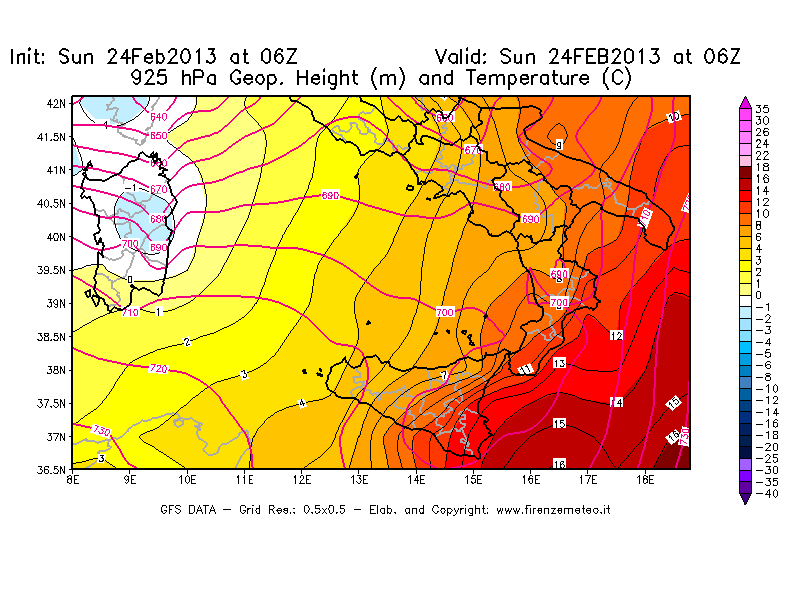 Mappa di analisi GFS - Geopotenziale [m] e Temperatura [°C] a 925 hPa in Sud-Italia
							del 24/02/2013 06 <!--googleoff: index-->UTC<!--googleon: index-->