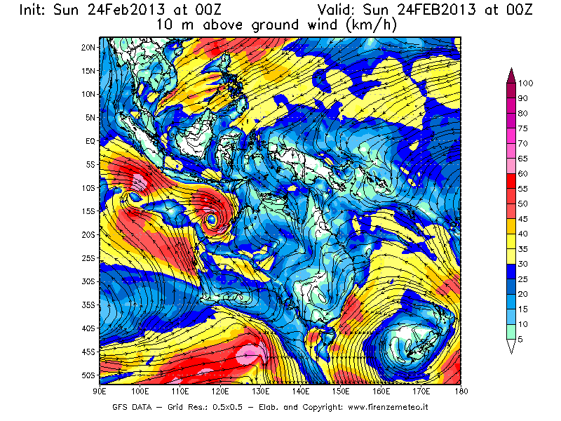 Mappa di analisi GFS - Velocità del vento a 10 metri dal suolo [km/h] in Oceania
							del 24/02/2013 00 <!--googleoff: index-->UTC<!--googleon: index-->