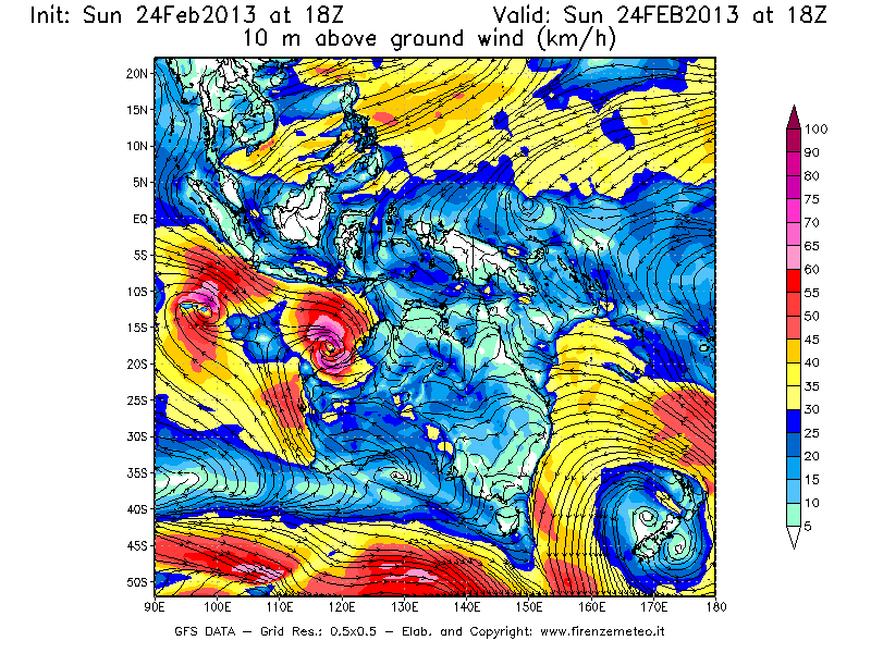 Mappa di analisi GFS - Velocità del vento a 10 metri dal suolo [km/h] in Oceania
							del 24/02/2013 18 <!--googleoff: index-->UTC<!--googleon: index-->