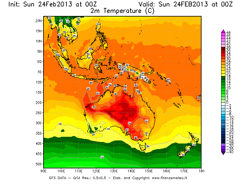 Mappa di analisi GFS - Temperatura a 2 metri dal suolo [°C] in Oceania
							del 24/02/2013 00 <!--googleoff: index-->UTC<!--googleon: index-->