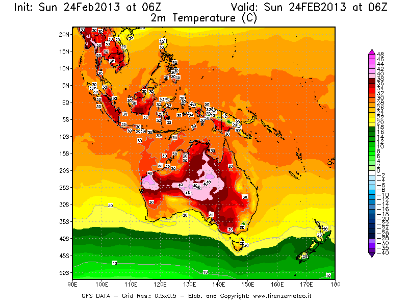 Mappa di analisi GFS - Temperatura a 2 metri dal suolo [°C] in Oceania
							del 24/02/2013 06 <!--googleoff: index-->UTC<!--googleon: index-->