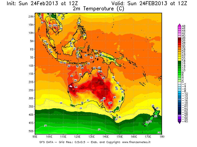 Mappa di analisi GFS - Temperatura a 2 metri dal suolo [°C] in Oceania
							del 24/02/2013 12 <!--googleoff: index-->UTC<!--googleon: index-->