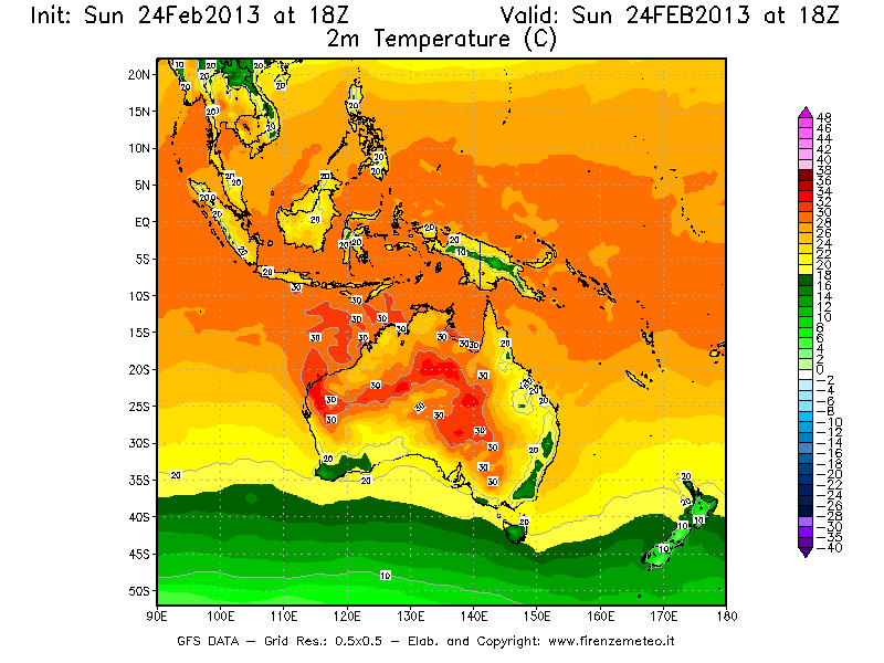 Mappa di analisi GFS - Temperatura a 2 metri dal suolo [°C] in Oceania
							del 24/02/2013 18 <!--googleoff: index-->UTC<!--googleon: index-->