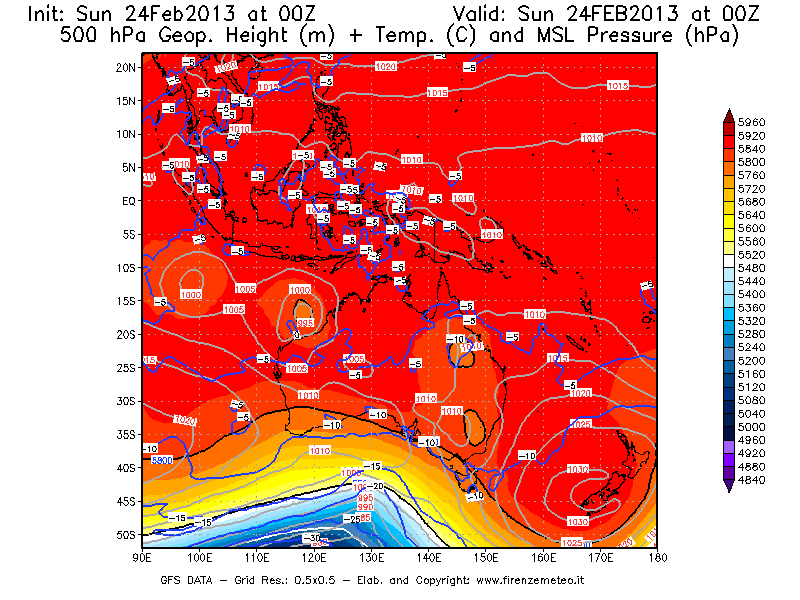 Mappa di analisi GFS - Geopotenziale [m] + Temp. [°C] a 500 hPa + Press. a livello del mare [hPa] in Oceania
							del 24/02/2013 00 <!--googleoff: index-->UTC<!--googleon: index-->