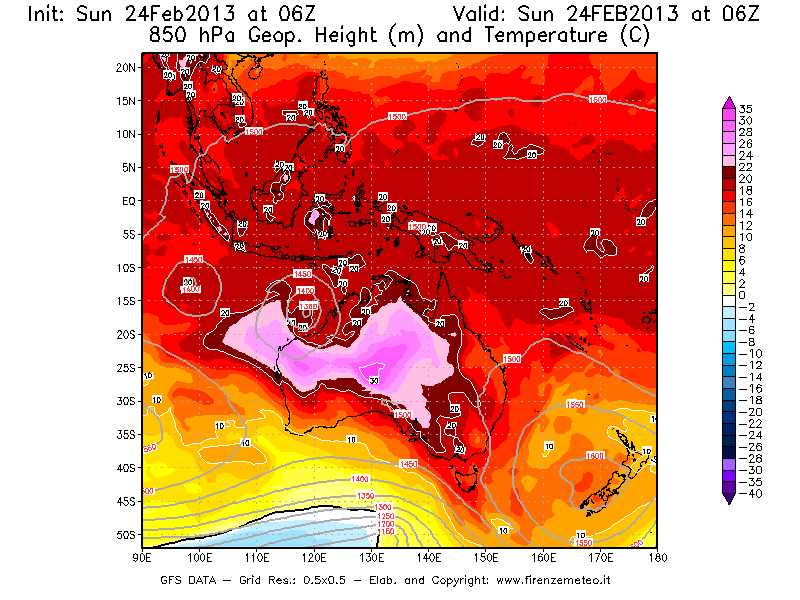 Mappa di analisi GFS - Geopotenziale [m] e Temperatura [°C] a 850 hPa in Oceania
							del 24/02/2013 06 <!--googleoff: index-->UTC<!--googleon: index-->