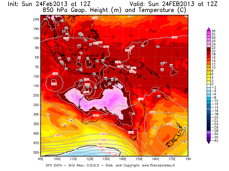 Mappa di analisi GFS - Geopotenziale [m] e Temperatura [°C] a 850 hPa in Oceania
							del 24/02/2013 12 <!--googleoff: index-->UTC<!--googleon: index-->