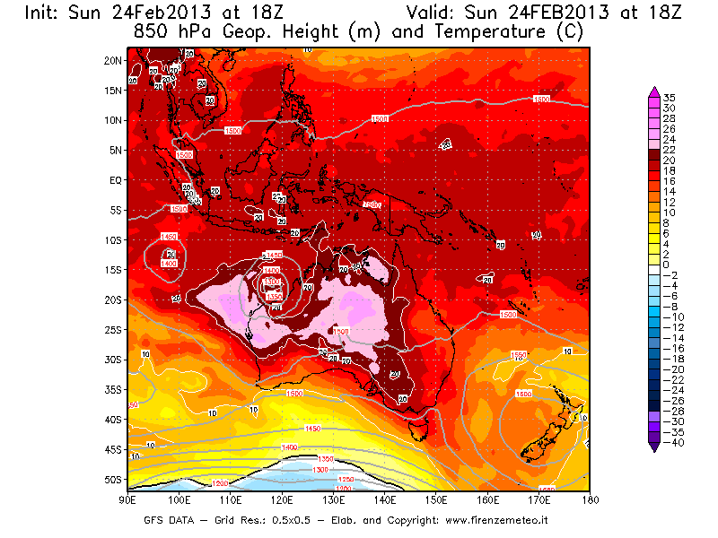 Mappa di analisi GFS - Geopotenziale [m] e Temperatura [°C] a 850 hPa in Oceania
							del 24/02/2013 18 <!--googleoff: index-->UTC<!--googleon: index-->