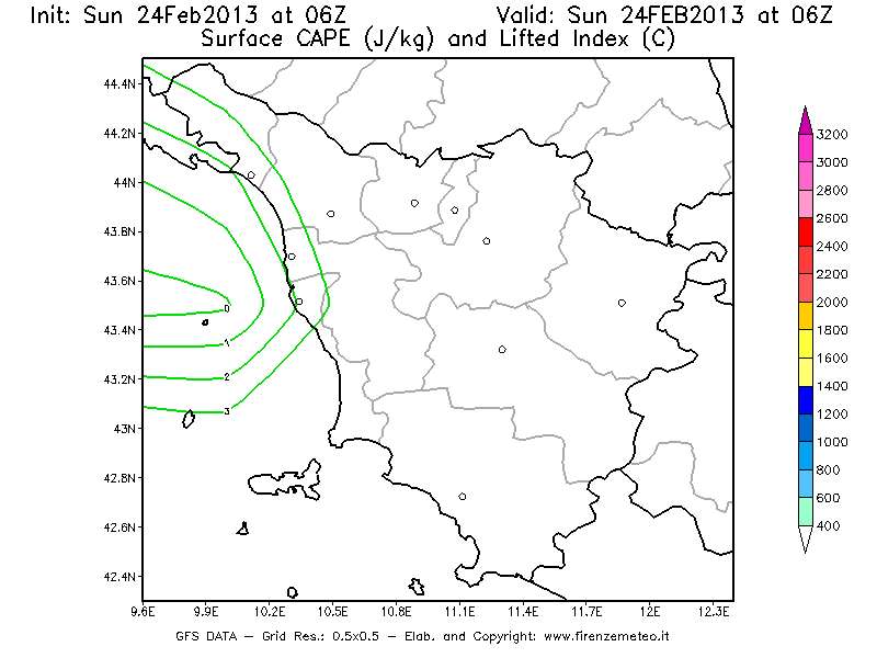 Mappa di analisi GFS - CAPE [J/kg] e Lifted Index [°C] in Toscana
							del 24/02/2013 06 <!--googleoff: index-->UTC<!--googleon: index-->