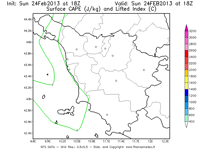 Mappa di analisi GFS - CAPE [J/kg] e Lifted Index [°C] in Toscana
							del 24/02/2013 18 <!--googleoff: index-->UTC<!--googleon: index-->