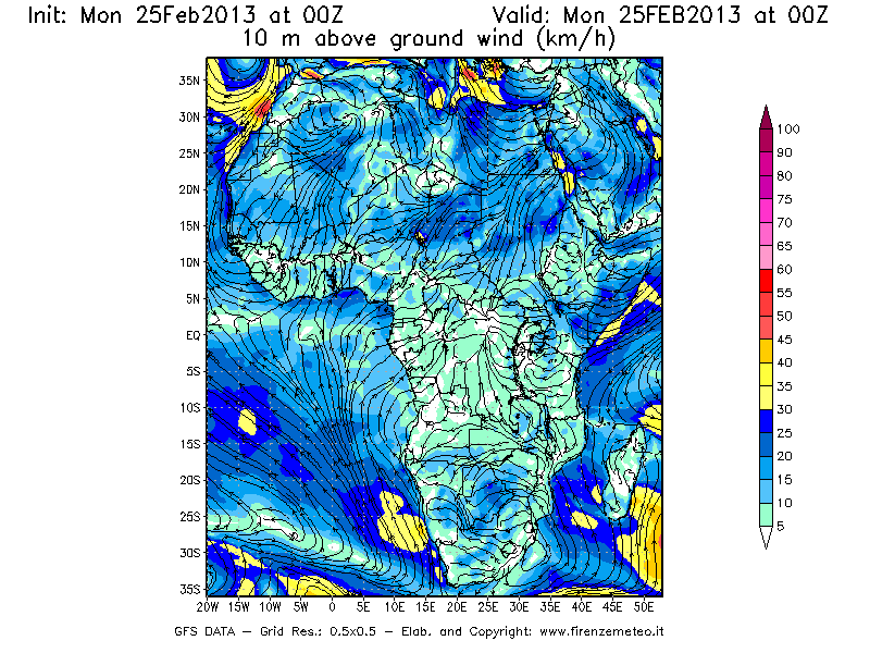 Mappa di analisi GFS - Velocità del vento a 10 metri dal suolo [km/h] in Africa
									del 25/02/2013 00 <!--googleoff: index-->UTC<!--googleon: index-->
