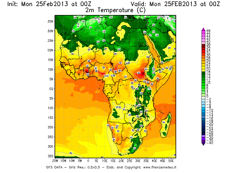 Mappa di analisi GFS - Temperatura a 2 metri dal suolo [°C] in Africa
									del 25/02/2013 00 <!--googleoff: index-->UTC<!--googleon: index-->