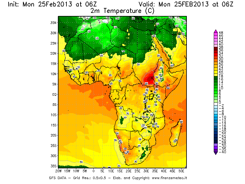 Mappa di analisi GFS - Temperatura a 2 metri dal suolo [°C] in Africa
							del 25/02/2013 06 <!--googleoff: index-->UTC<!--googleon: index-->