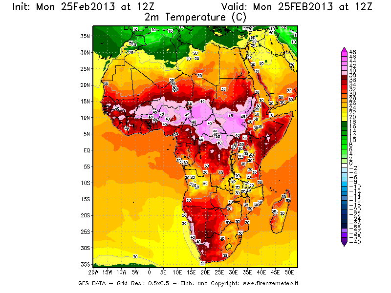 Mappa di analisi GFS - Temperatura a 2 metri dal suolo [°C] in Africa
							del 25/02/2013 12 <!--googleoff: index-->UTC<!--googleon: index-->