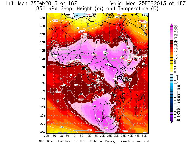 Mappa di analisi GFS - Geopotenziale [m] e Temperatura [°C] a 850 hPa in Africa
							del 25/02/2013 18 <!--googleoff: index-->UTC<!--googleon: index-->