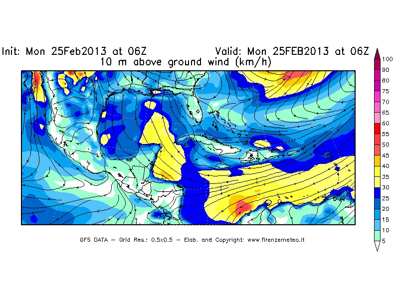 Mappa di analisi GFS - Velocità del vento a 10 metri dal suolo [km/h] in Centro-America
							del 25/02/2013 06 <!--googleoff: index-->UTC<!--googleon: index-->