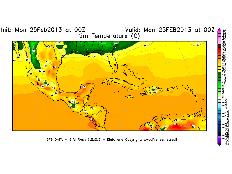 Mappa di analisi GFS - Temperatura a 2 metri dal suolo [°C] in Centro-America
							del 25/02/2013 00 <!--googleoff: index-->UTC<!--googleon: index-->