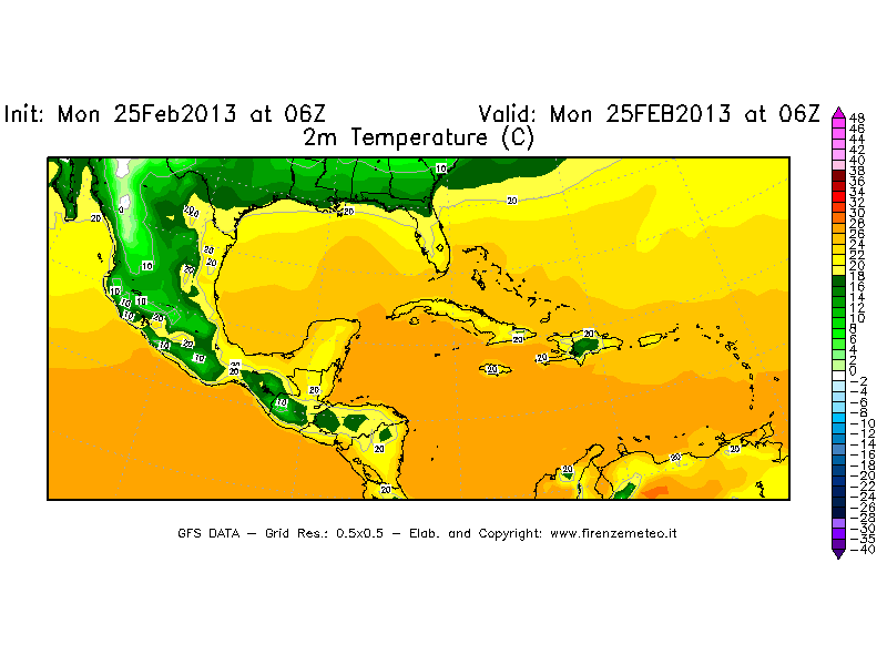 Mappa di analisi GFS - Temperatura a 2 metri dal suolo [°C] in Centro-America
									del 25/02/2013 06 <!--googleoff: index-->UTC<!--googleon: index-->
