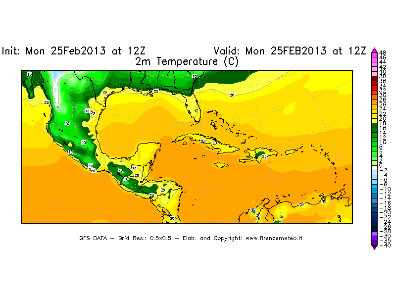 Mappa di analisi GFS - Temperatura a 2 metri dal suolo [°C] in Centro-America
							del 25/02/2013 12 <!--googleoff: index-->UTC<!--googleon: index-->