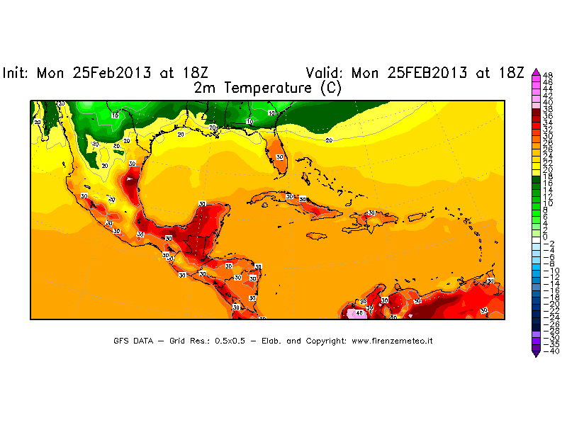 Mappa di analisi GFS - Temperatura a 2 metri dal suolo [°C] in Centro-America
							del 25/02/2013 18 <!--googleoff: index-->UTC<!--googleon: index-->